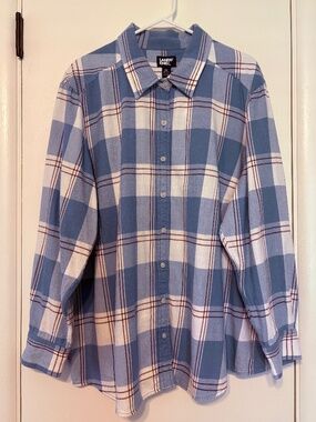 Lands' End Women’s Plus Blue Plaid Flannel Boyfriend Button-Front Shirt Top 2X